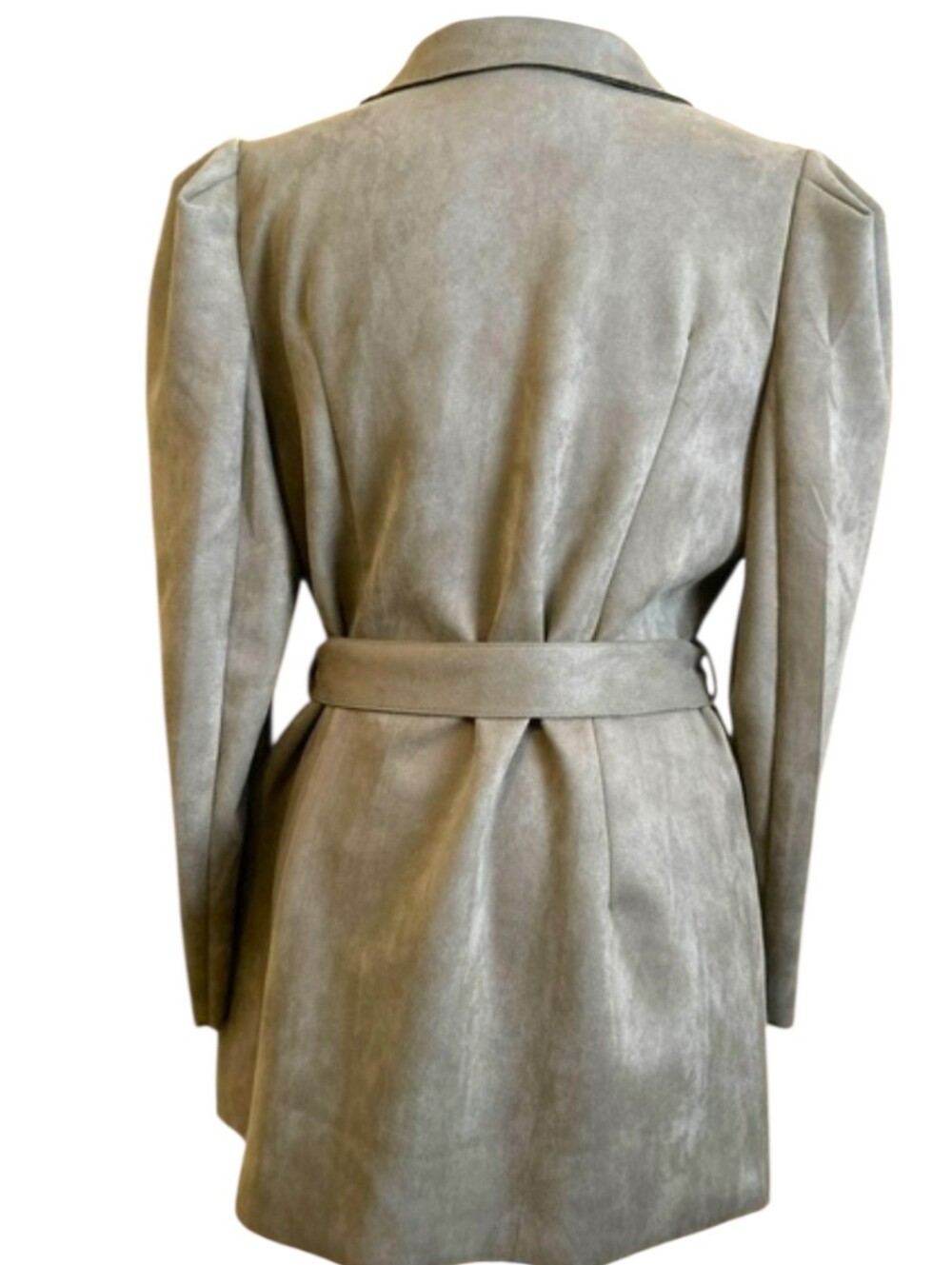 Solitaire Sage Green Faux Suede Belted Blazer Jacket Puff Sleeve Button Front LG - Picture 10 of 16